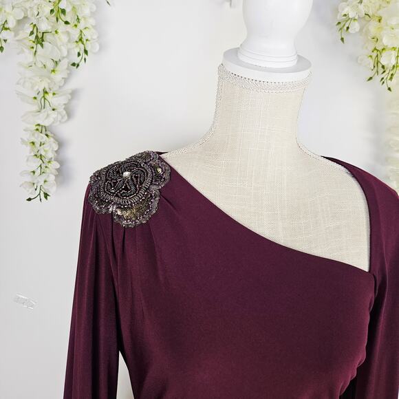 David Meister Size 6 Plum Cocktail Dress Ruched Midi Dress Beaded Elegant Party - Picture 5 of 15